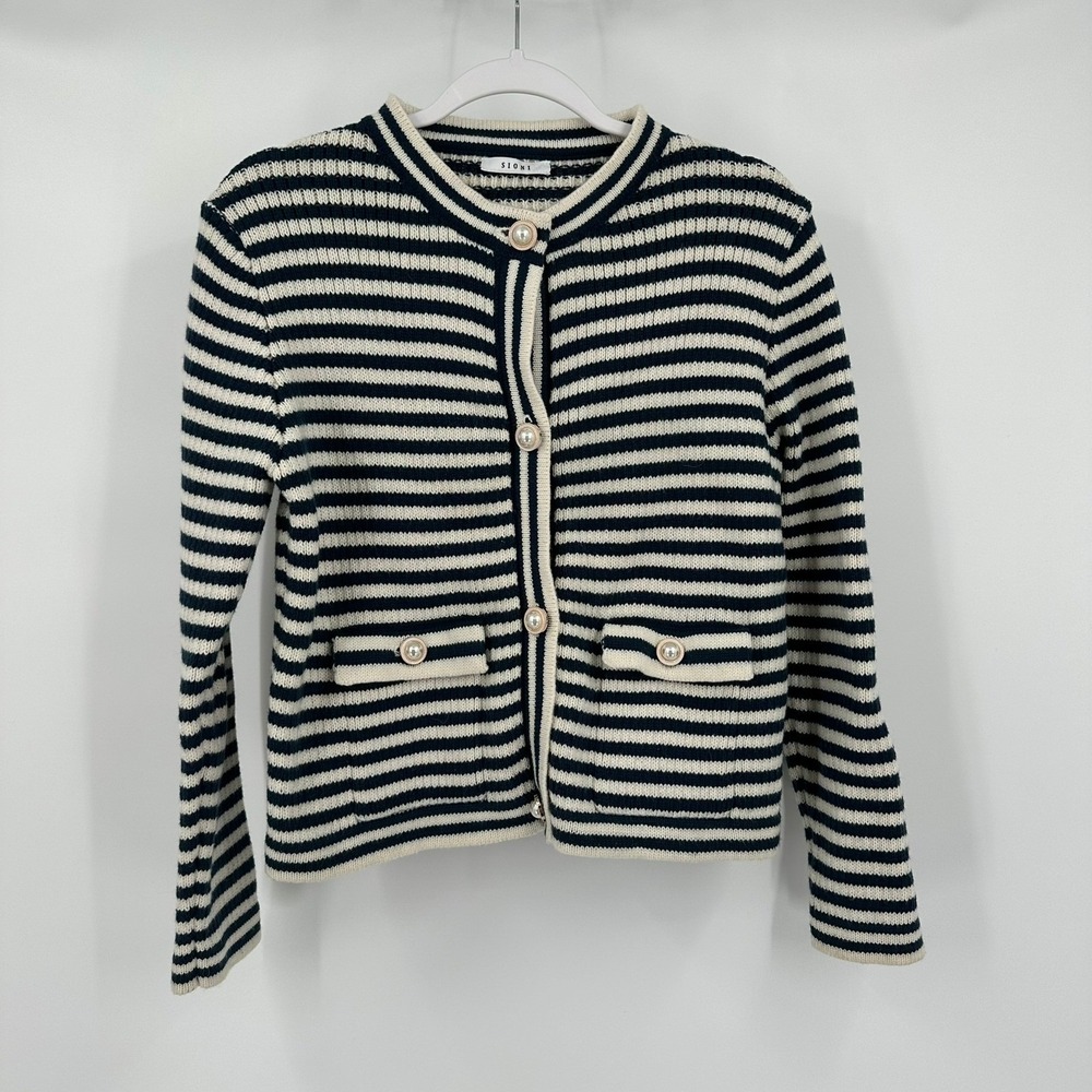Sioni Womens Old Money Nautical Cardigan Sweater Size M Parisian Quiet Luxury